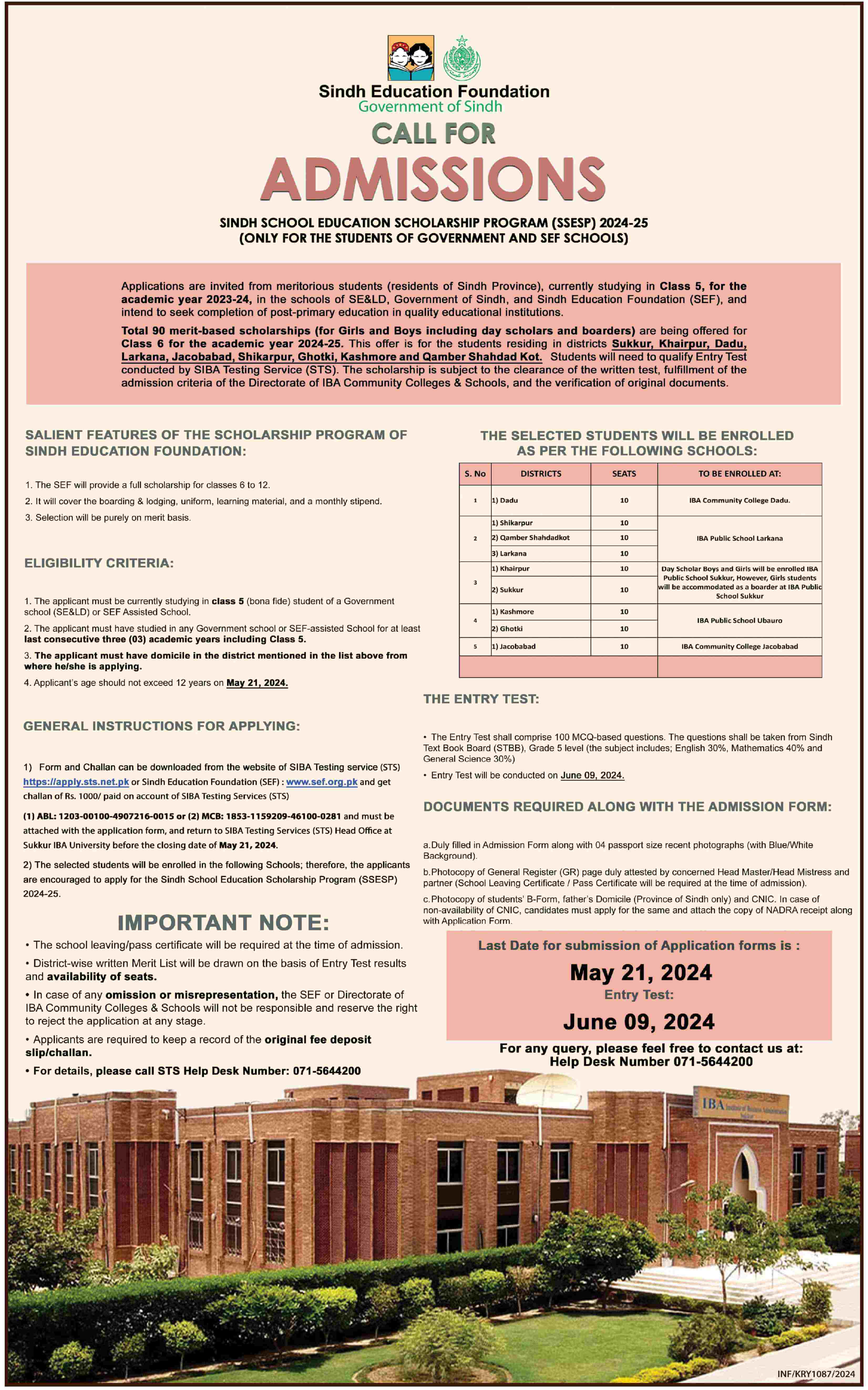 SINDH EDUCATION FOUNDATION - CALL FOR ADMISSIONS | SINDH SCHOOL EDUCATION SCHOLARSHIP PROGRAM (SSESP) 2024-25