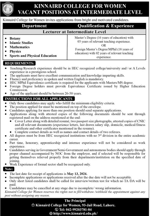 LECTURER POSITIONS VACANT AT INTERMEDIATE LEVEL, KINNAIRD COLLEGE FOR WOMEN 2024