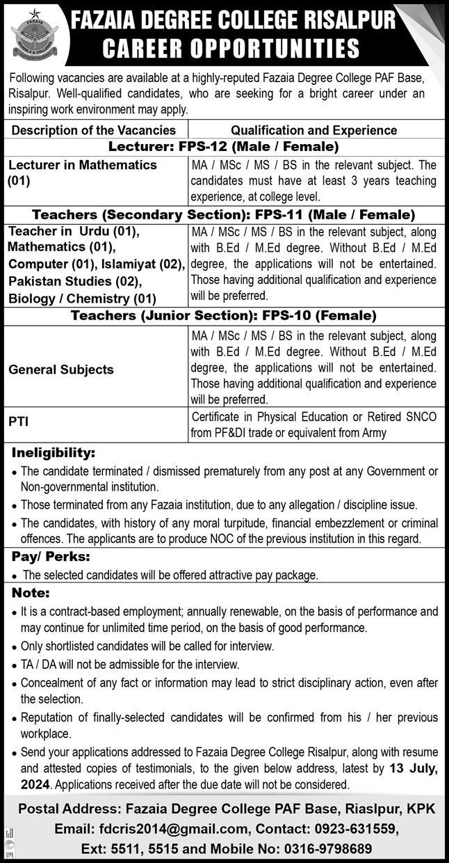 FAZAIA DEGREE COLLEGE RISALPUR | LECTURER & TEACHERS VACANCIES 06-2024