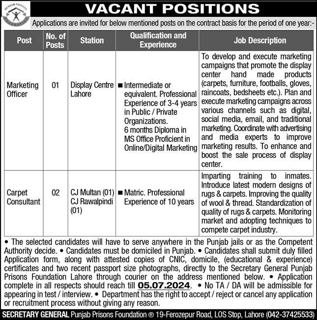 VACANT POSITIONS IN PUNJAB PRISONS FOUNDATION 06-2024