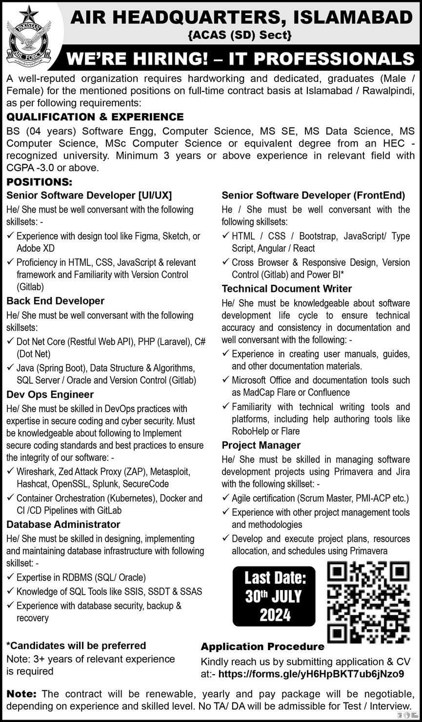 PAKISTAN AIR FORCE (PAF) | AIR HEADQUARTERS, ISLAMABAD IT PROFESSIONALS HIRING 07-2024