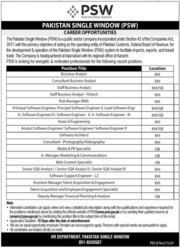 PAKISTAN CUSTOMS, FEDERAL BOARD OF REVENUE | PAKISTAN SINGLE WINDOW (PSW), CAREER OPPORTUNITIES 07-2024