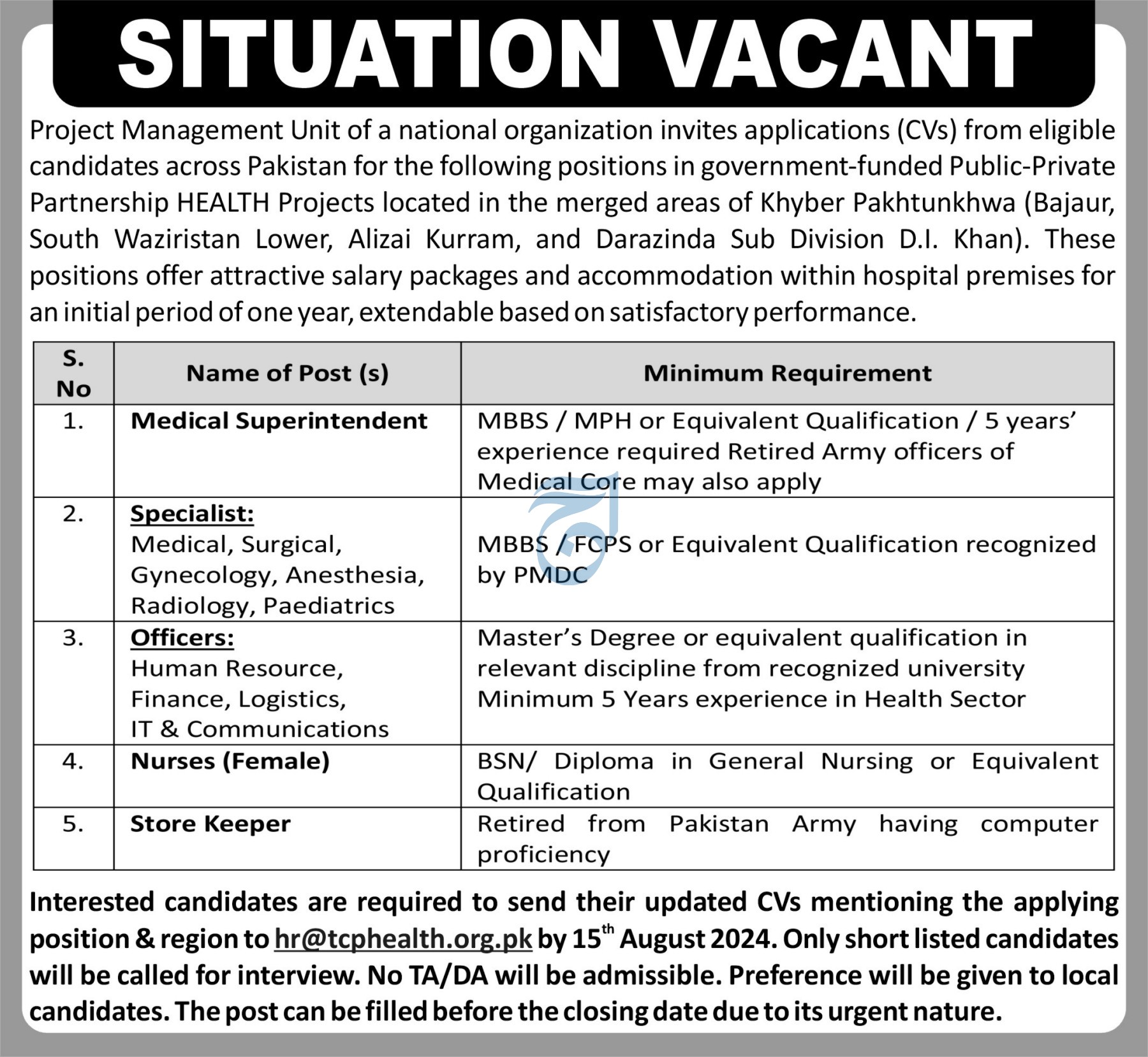 TCP HEALTH, HOSPITAL MANAGEMENT & HEALTHCARE SERVICE | HEALTH PROJECTS MERGED AREAS VACANCIES 07-2024