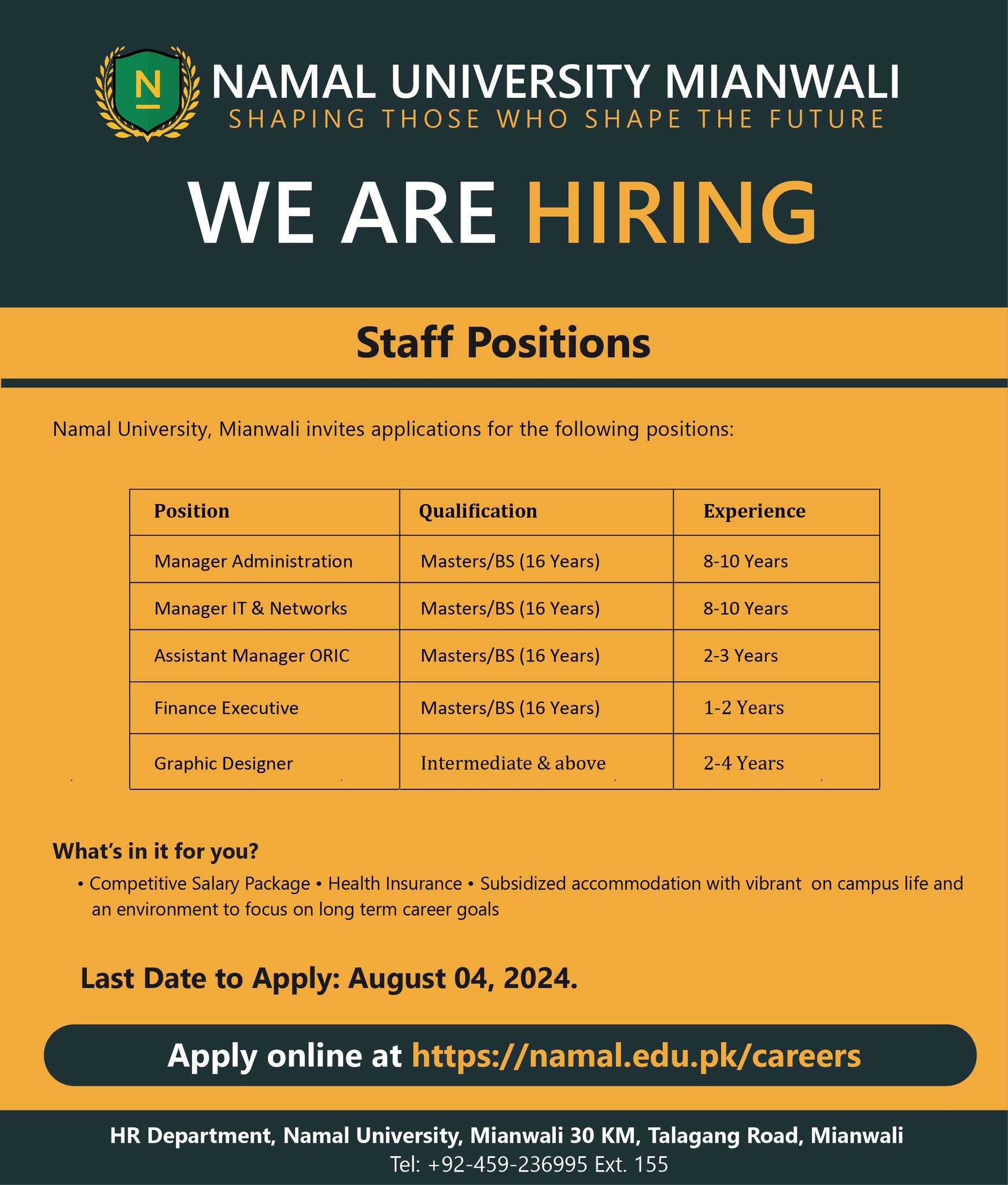 NAMAL UNIVERSITY MIANWALI | STAFF POSITIONS 07-2024