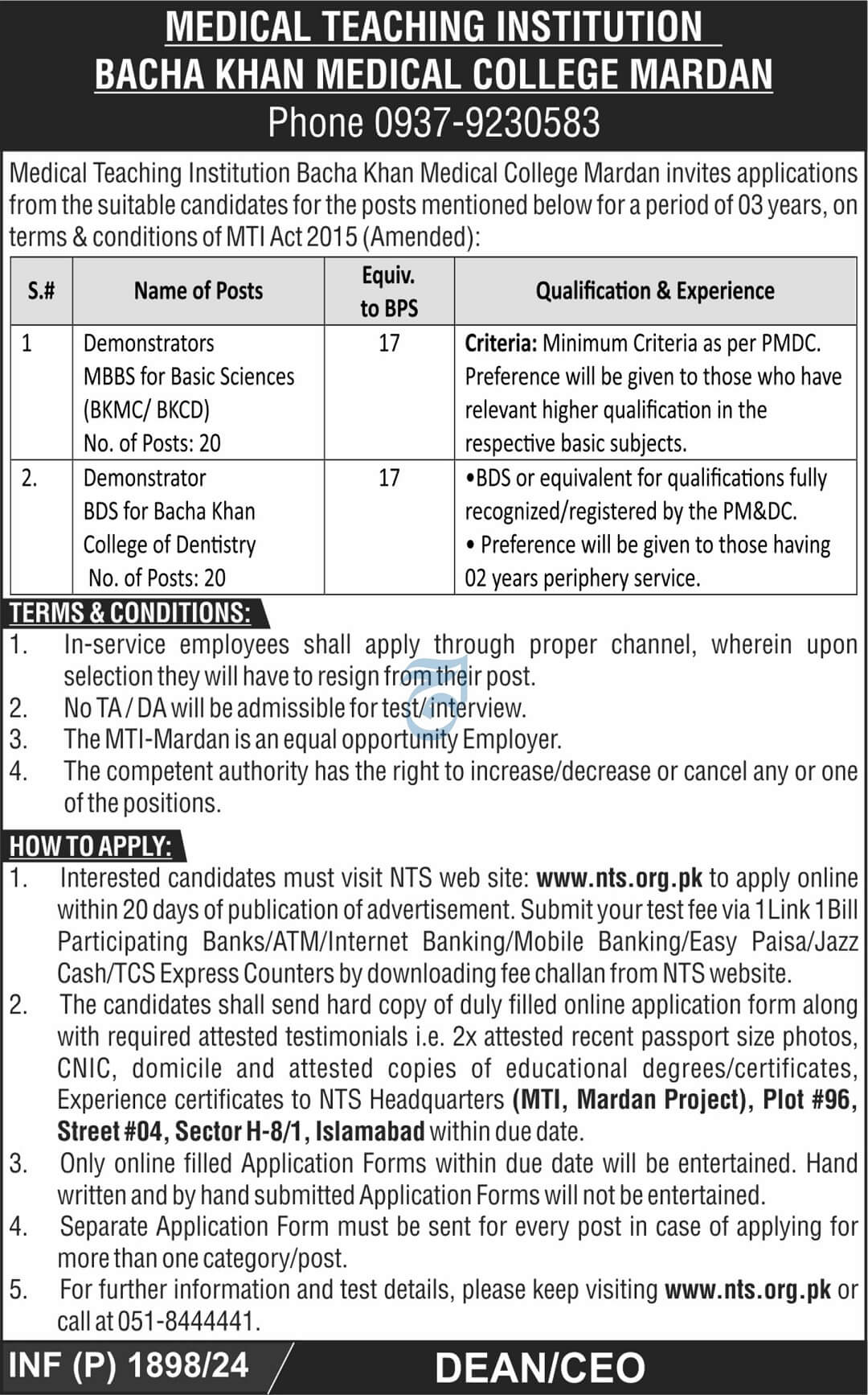 BACHA KHAN MEDICAL COLLEGE, MTI MARDAN | BKMC/BKCD, DEMONSTRATOR POSITIONS 08-2024