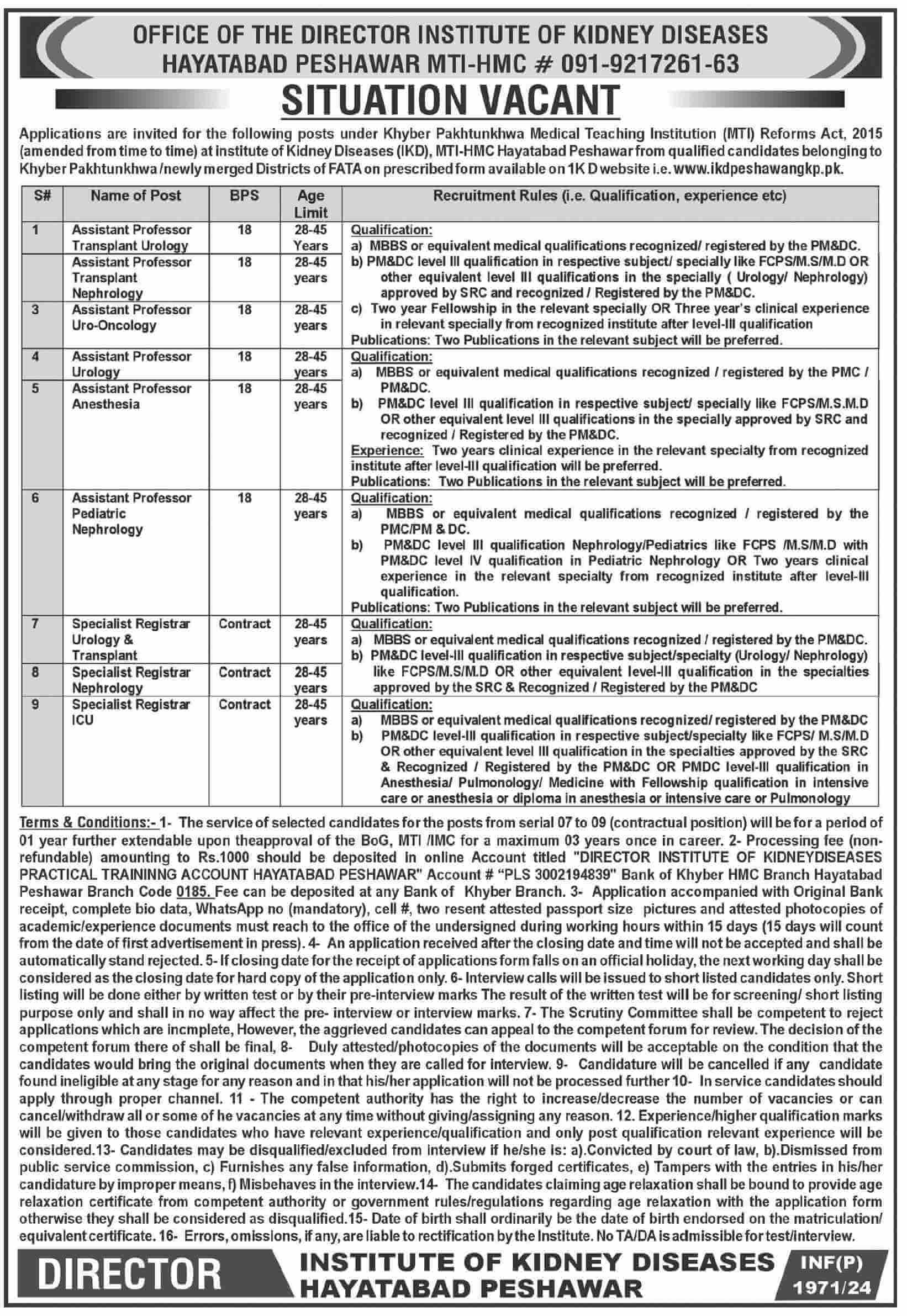 INSTITUTE OF KIDNEY DISEASES, HAYATABAD | IKD MTI-HMC PESHAWAR, MEDICAL & FACULTY POSITIONS 08-2024