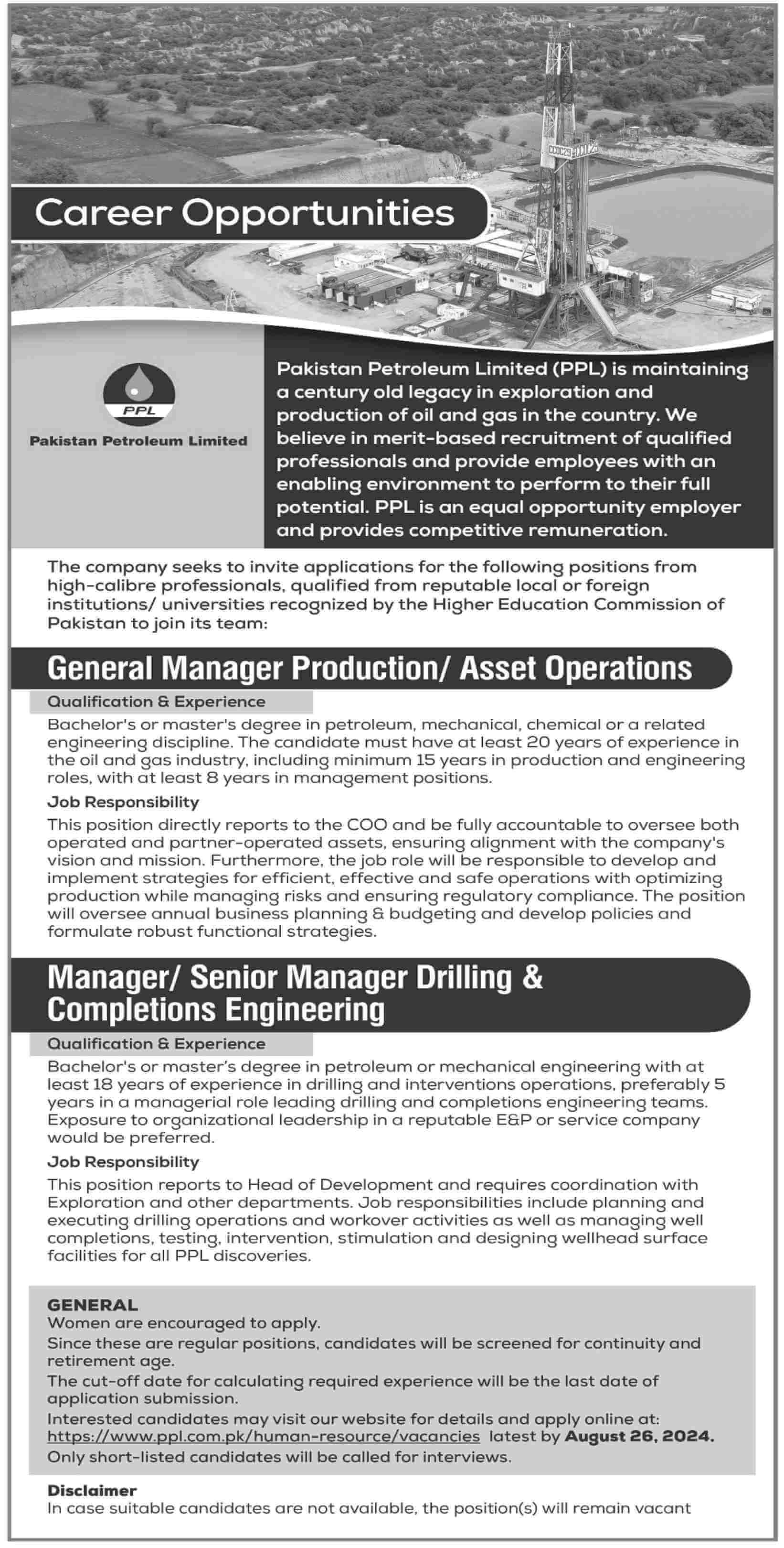 PAKISTAN PETROLEUM LIMITED | PPL, GM PRODUCTION & MANAGER DRILLING COMPLETIONS ENGINEERING POSITIONS VACANT 2024