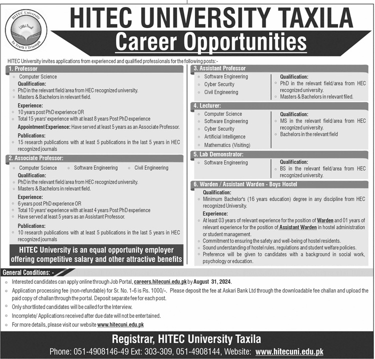 HITEC UNIVERSITY TAXILA | TEACHING FACULTY & STAFF POSITIONS 08-2024