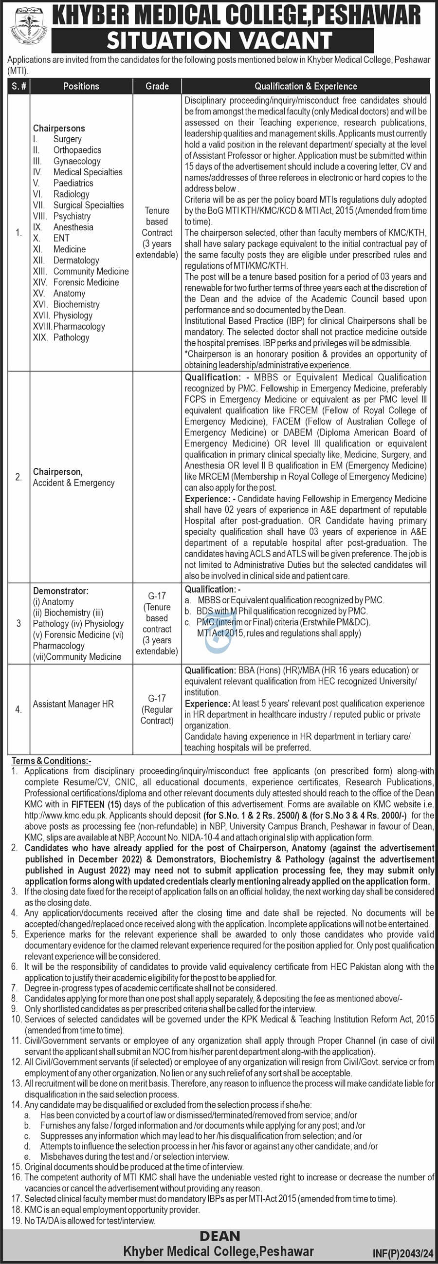 KHYBER MEDICAL COLLEGE, PESHAWAR | MTI-KMC, CHAIRPERSONS & DEMONSTRATORS POSITIONS 08-2024