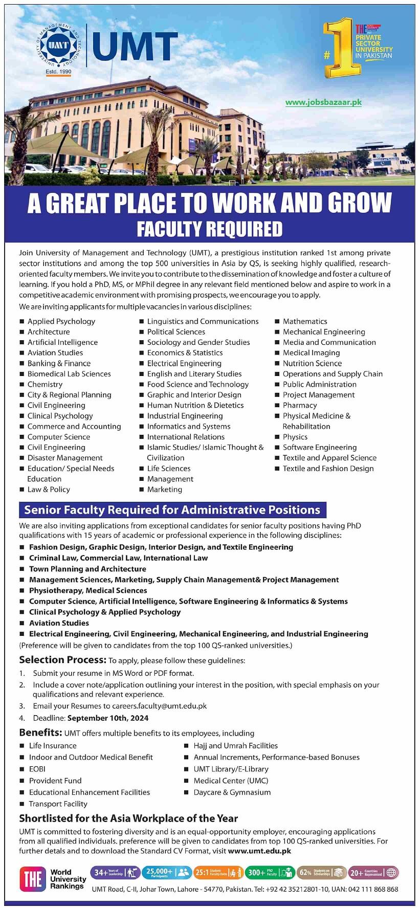 UNIVERSITY OF MANAGEMENT & TECHNOLOGY, LAHORE | UMT, FACULTY & ACADEMIC ADMINISTRATION POSITIONS VACANT 08-2024