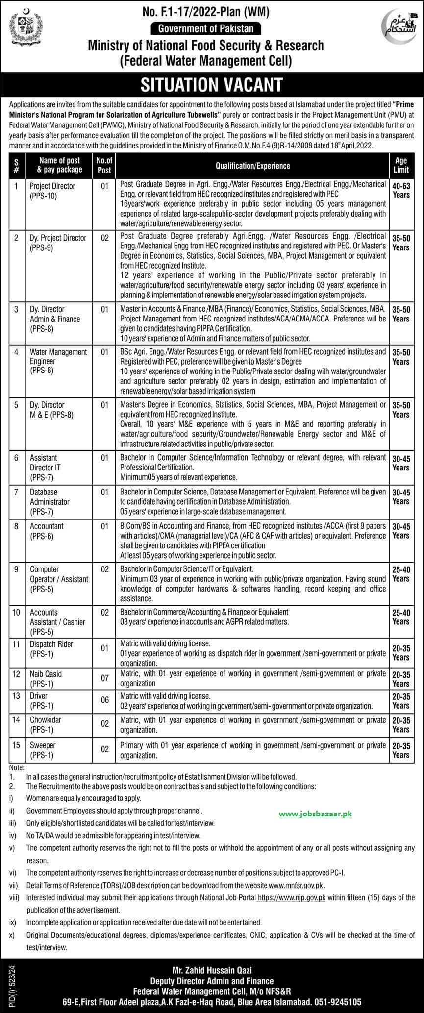 FEDERAL WATER MANAGEMENT CELL, M/O NATIONAL FOOD SECURITY & RESEARCH | PM NATIONAL PROGRAM FOR SOLARIZATION OF AGRICULTURE TUBEWELLS PROJECT VACANCIES 09-2024
