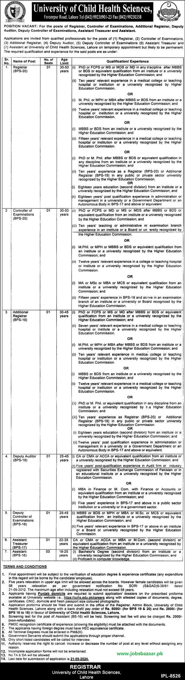 UNIVERSITY OF CHILD HEALTH SCIENCES, LAHORE | ACADEMIC ADMINISTRATION & SUPPORT STAFF POSITIONS VACANT 09-2024