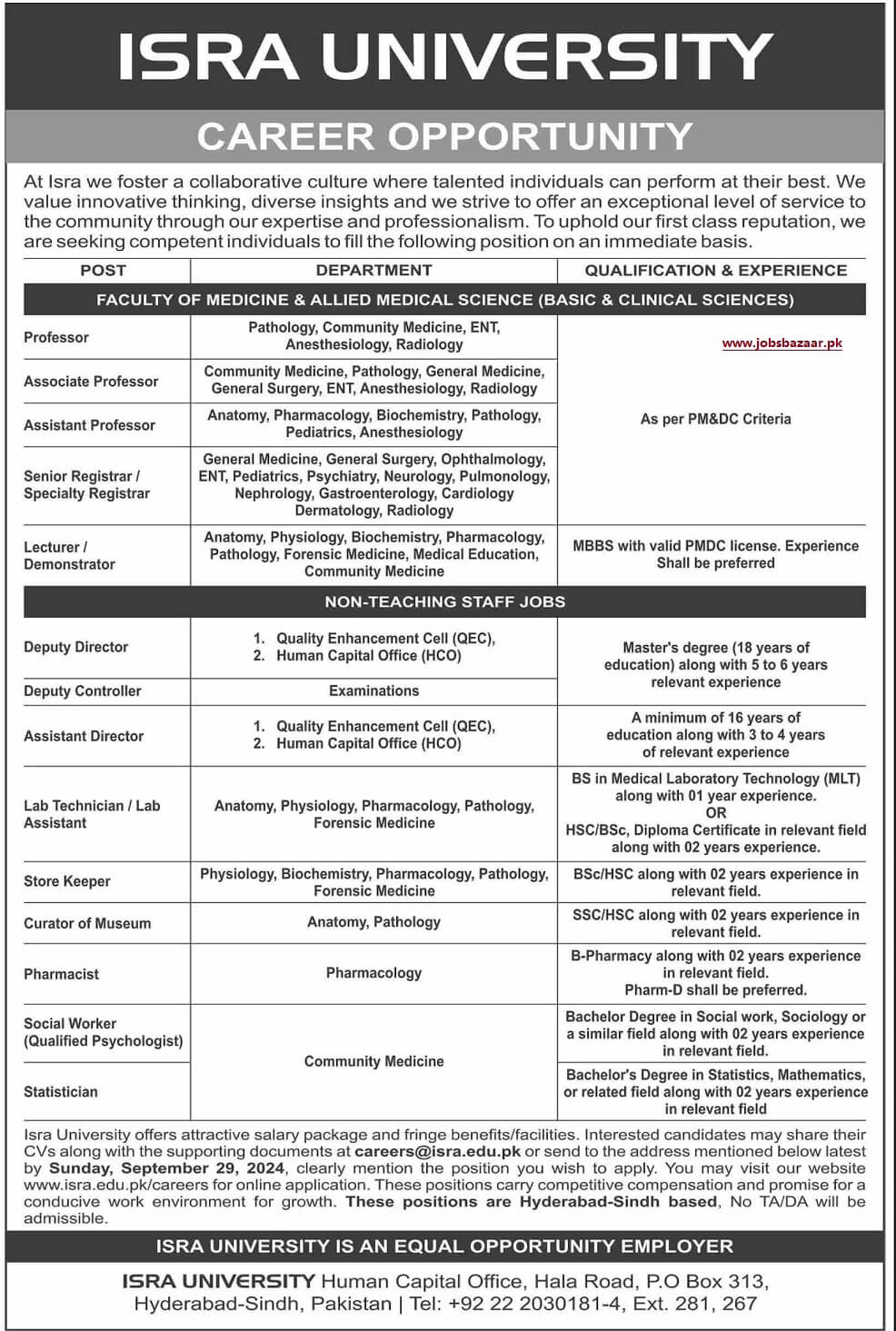 ISRA UNIVERSITY HYDERABAD | TEACHING FACULTY & NON-TEACHING STAFF VACANCIES 09-2024