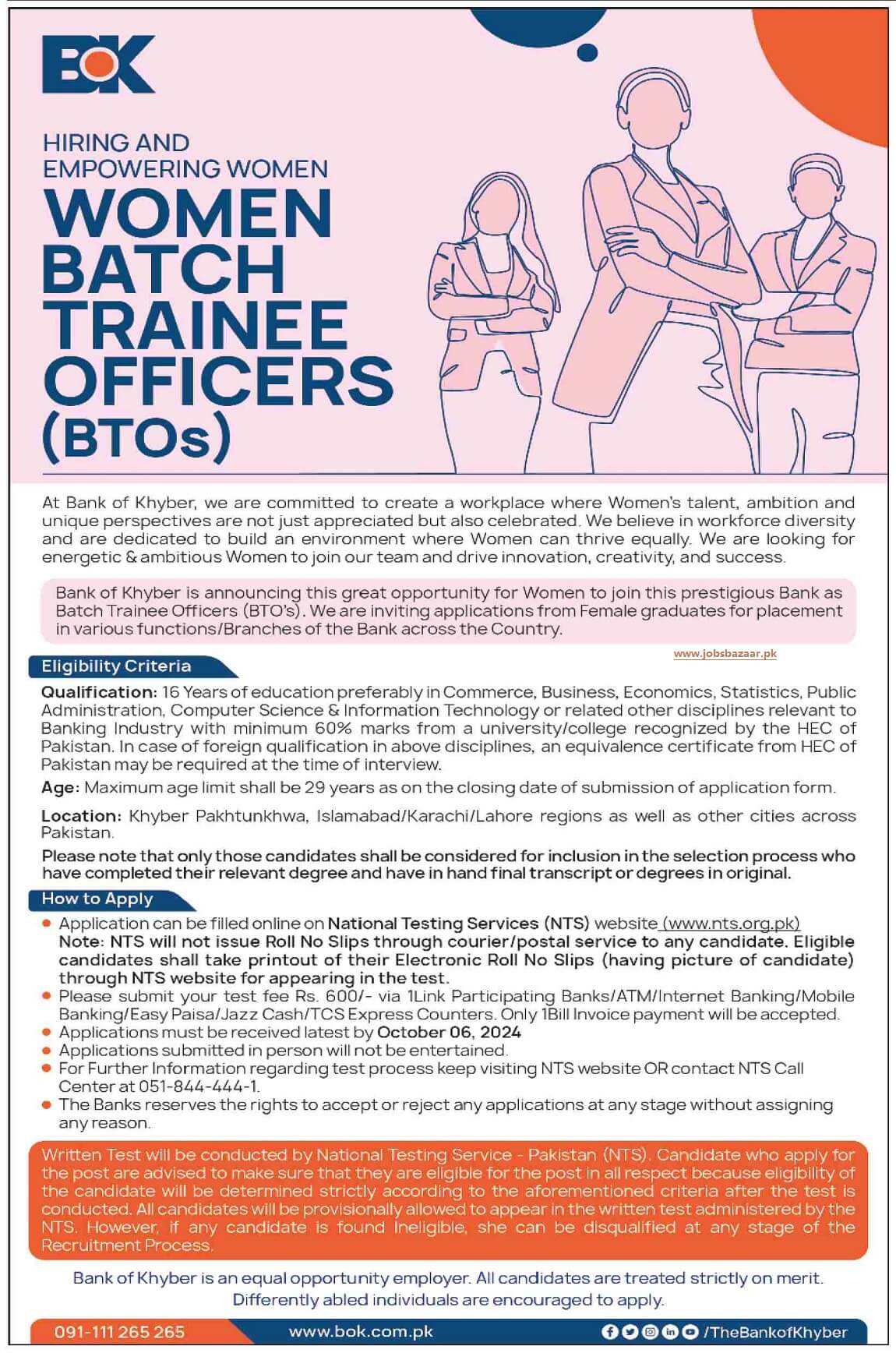 BANK OF KHYBER | WOMEN BATCH TRAINEE OFFICERS, BOK WOMEN BTO 2024