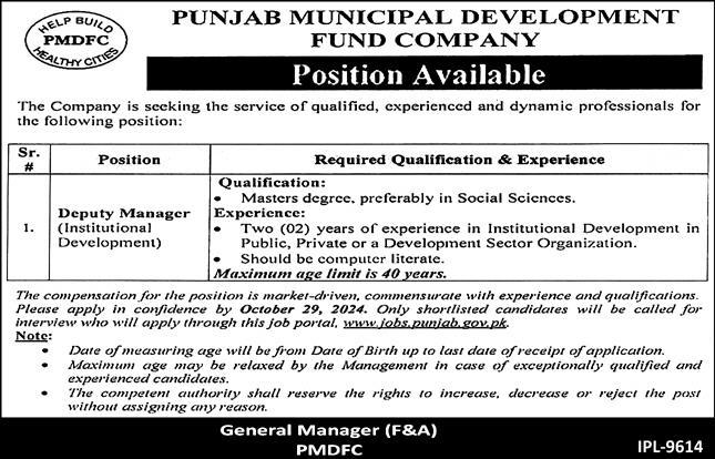 PUNJAB MUNICIPAL DEVELOPMENT FUND COMPANY | DEPUTY MANAGER INSTITUTIONAL DEVELOPMENT PMDFC POSITION 10-2024