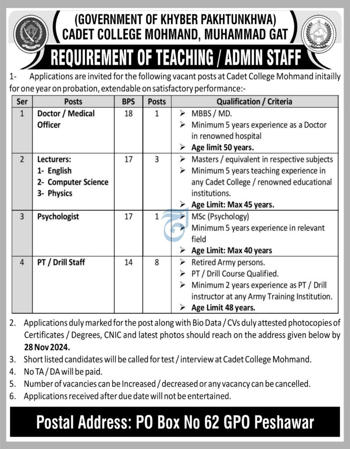 CADET COLLEGE MOHMAND, MUHAMMAD GAT | REQUIREMENT OF TEACHING & ADMIN STAFF 11-2024