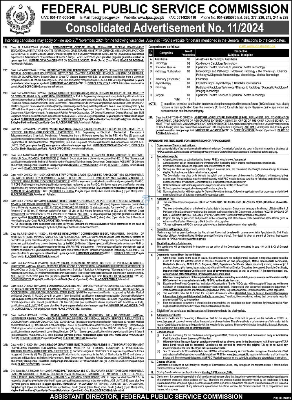 FEDERAL PUBLIC SERVICE COMMISSION ISLAMABAD | FPSC CONSOLIDATED ADVERTISEMENT NO. 11/2024