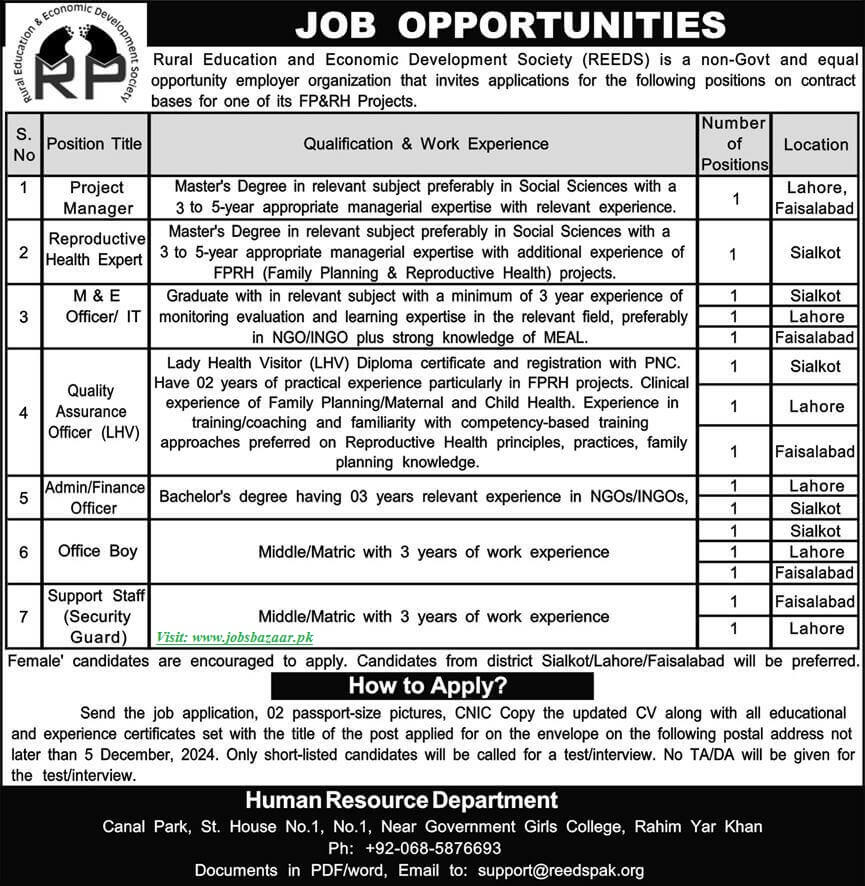 RURAL EDUCATION & ECONOMIC DEVELOPMENT SOCIETY | REEDS FP&RH PROJECTS JOB VACANCIES 11-2024