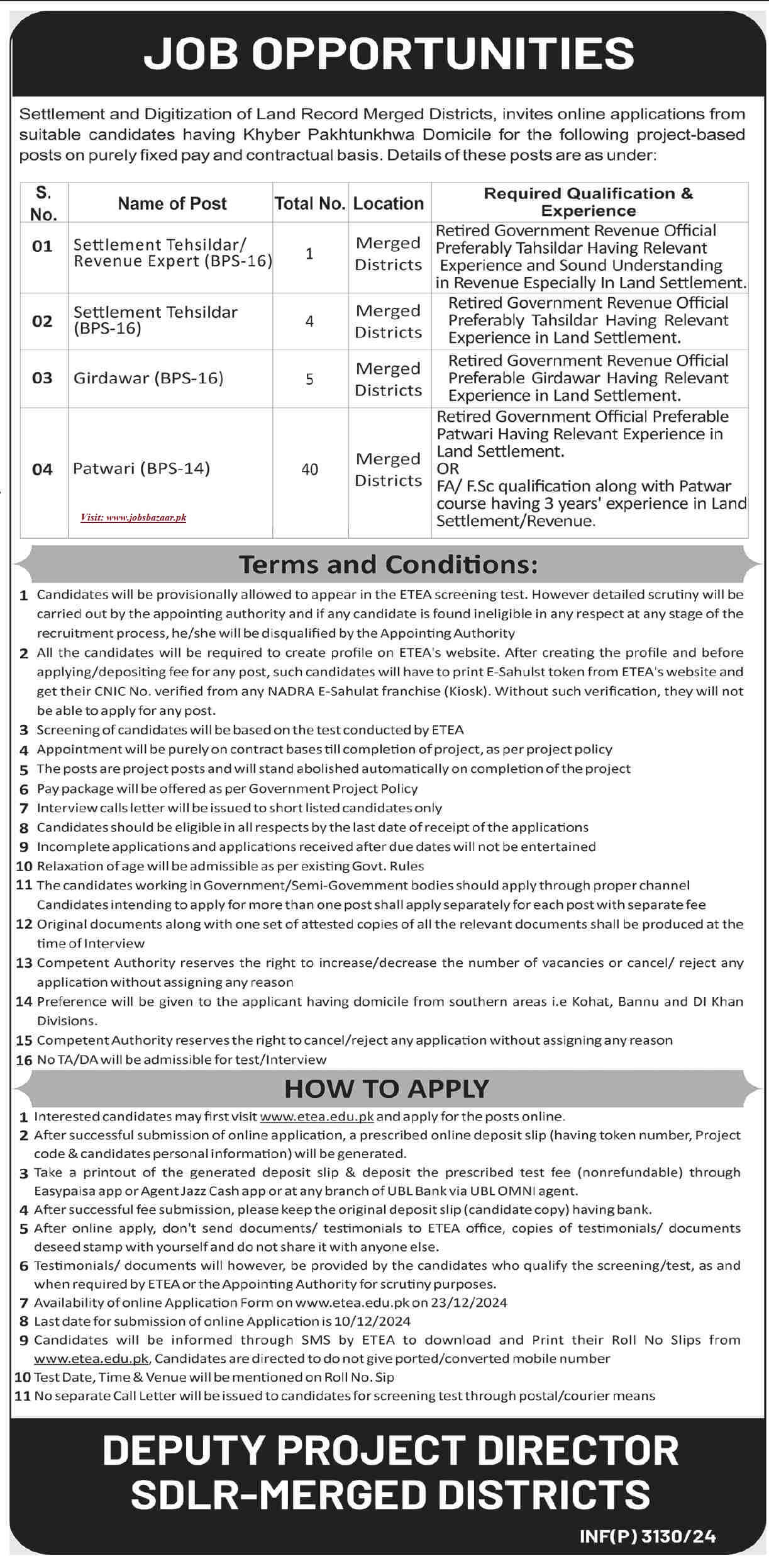 BOARD OF REVENUE, KHYBER PAKHTUNKHWA | SETTLEMENT & DIGITIZATION OF LAND RECORD MERGED DISTRICTS PROJECT VACANCIES 11-2024