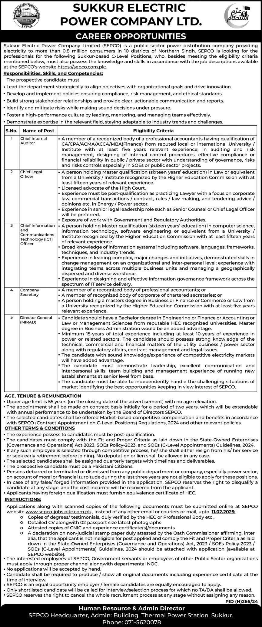 SUKKUR ELECTRIC POWER COMPANY | SEPCO SECRETARY & CHIEF LEVEL POSITIONS 01-2025
