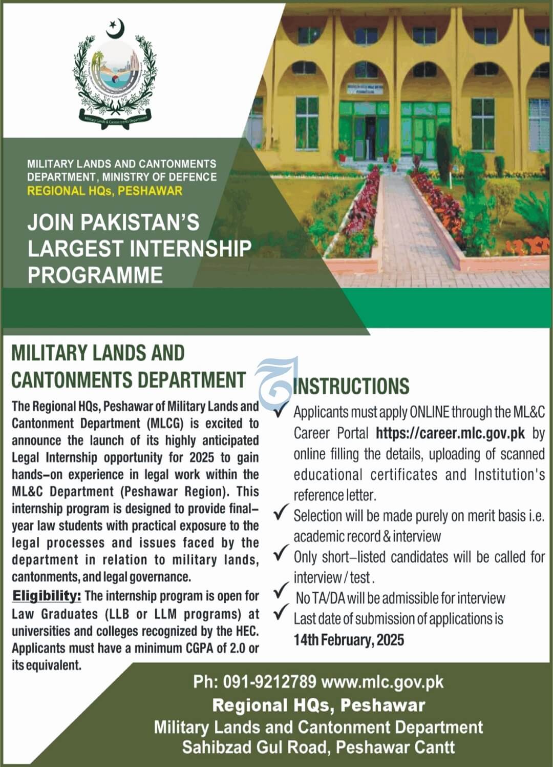 MILITARY LANDS & CANTONMENT DEPTT, MINISTRY OF DEFENCE | JOIN MLC INTERNSHIP PROGRAMME AT RHQ PESHAWAR, MLC CAREERS 01-2025