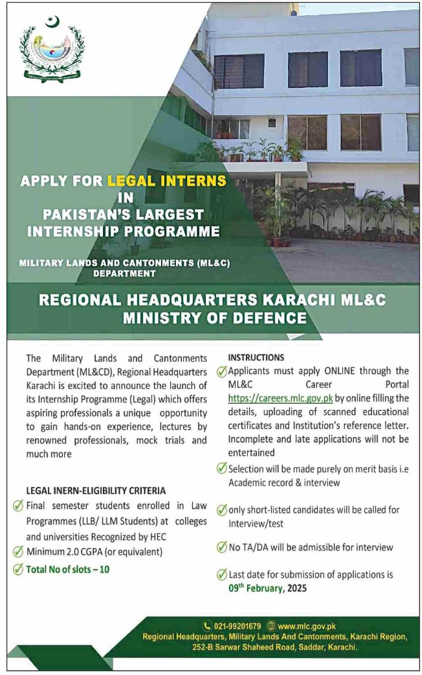 MILITARY LANDS & CANTONMENT DEPTT, MINISTRY OF DEFENCE | JOIN MLC INTERNSHIP PROGRAMME AT RHQ KARACHI, MLC CAREERS 01-2025