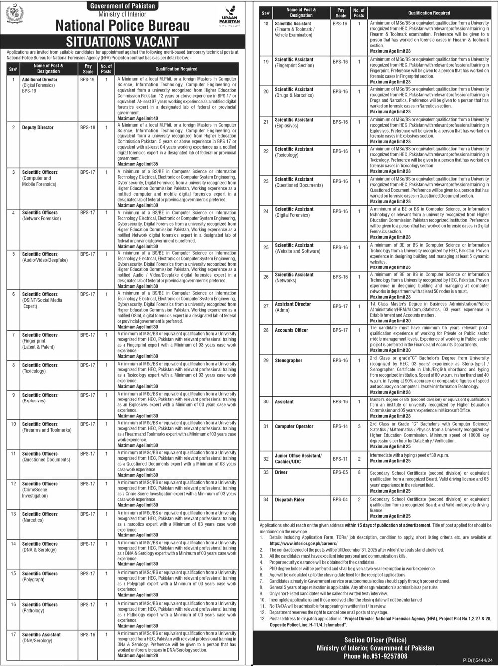NATIONAL POLICE BUREAU FOR NATIONAL FORENSICS AGENCY, NFA ISLAMABAD PROJECT TECHNICAL POSTS 02-2025