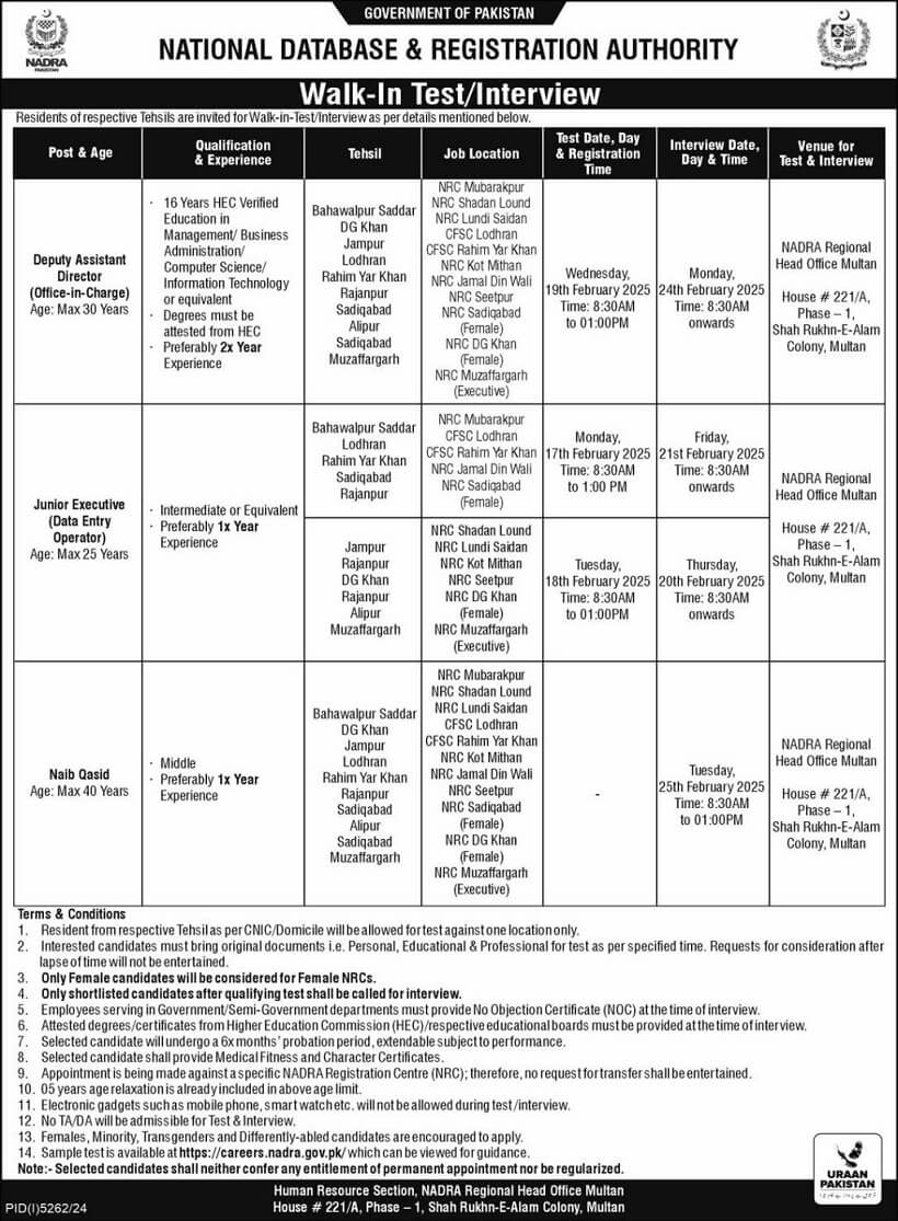 NATIONAL DATABASE & REGISTRATION AUTHORITY | OFFICE INCHARGE & DEO  DISTRICT-LEVEL MULTAN REGION NADRA VACANCIES 02-2025