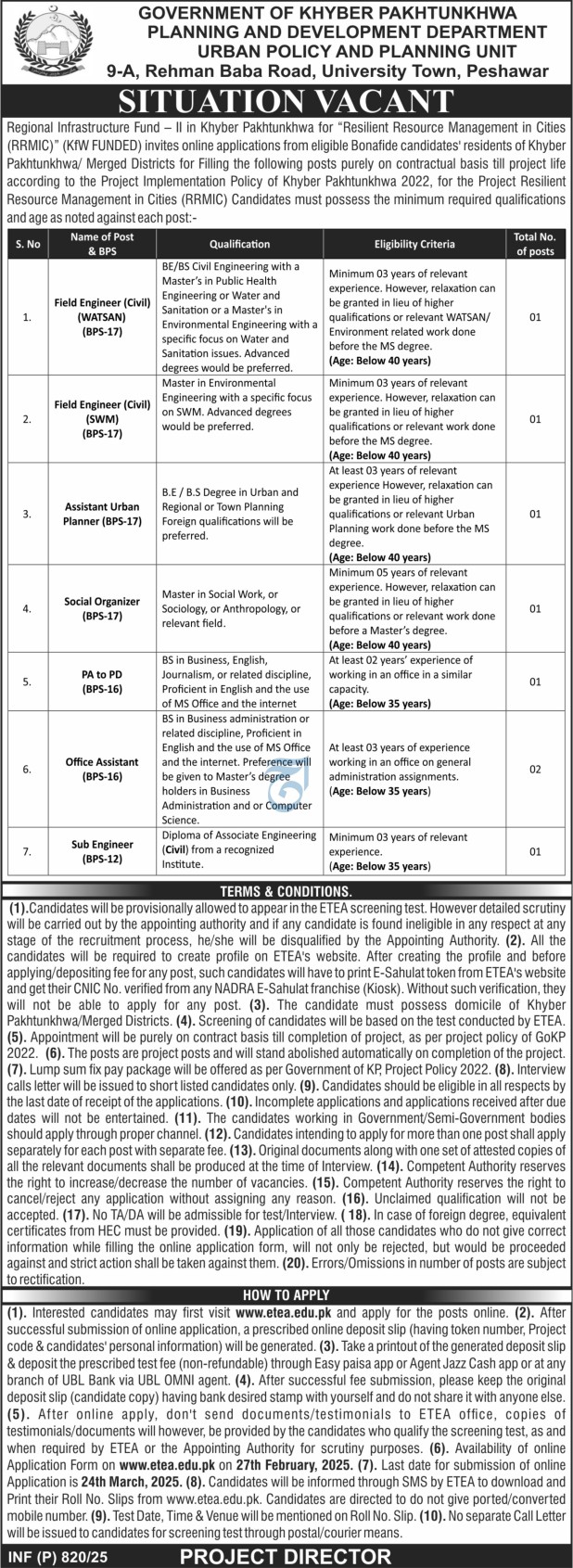 PLANNING & DEVELOPMENT DEPARTMENT KPK | URBAN POLICY & PLANNING UNIT RRMIC PROJECT VACANCIES 02-2025
