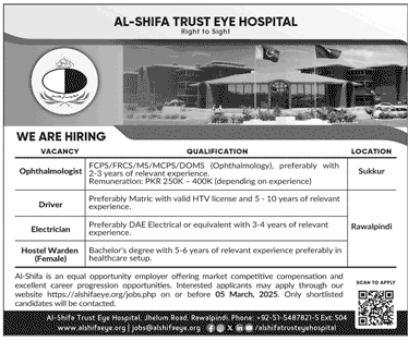 AL-SHIFA TRUST EYE HOSPITAL, SUKKUR & RAWALPINDI | CLINICAL & SUPPORT STAFF VACANCIES 02-2025