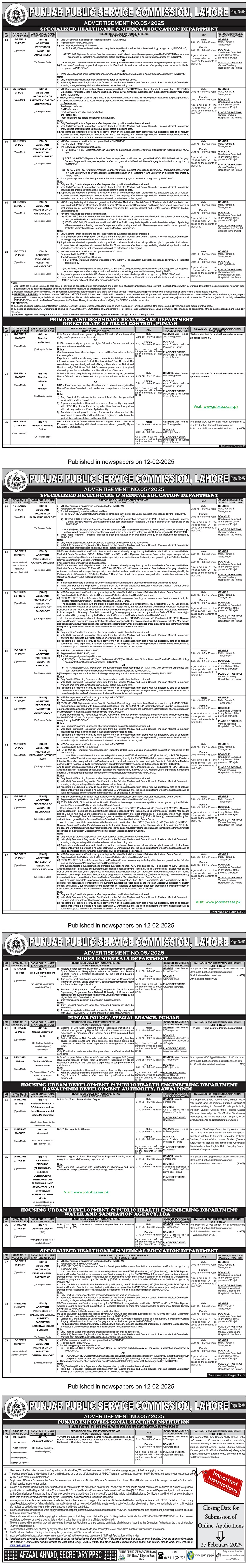 PUNJAB PUBLIC SERVICE COMMISSION LAHORE | PPSC ADVERTISEMENT NO. 05/2025