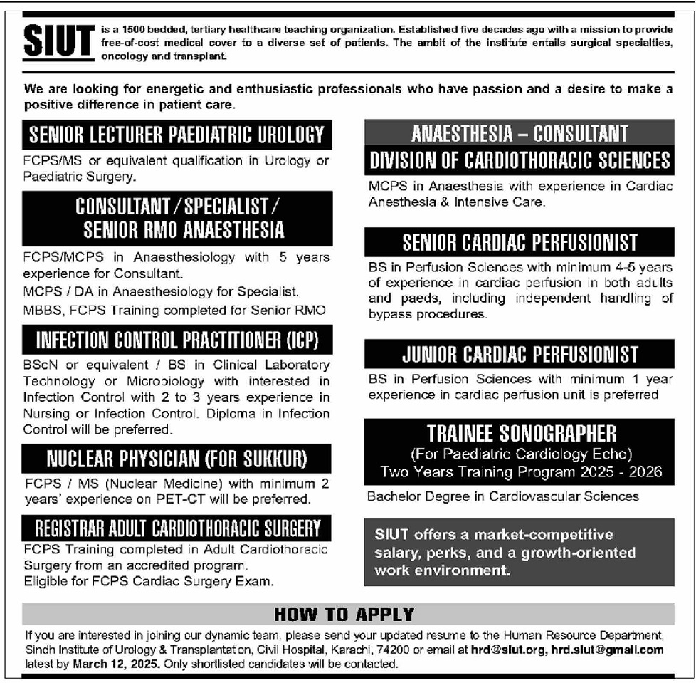 SINDH INSTITUTE OF UROLOGY & TRANSPLANTATION | SIUT CIVIL HOSPITAL KARACHI & SUKKUR, FACULTY & STAFF VACANCIES 03-2025