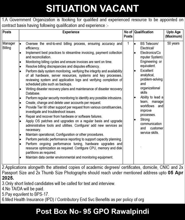 GOVT ORGANIZATION MANAGER BILLING VACANCY AT PO-BOX 95 RAWALPINDI 03-2025