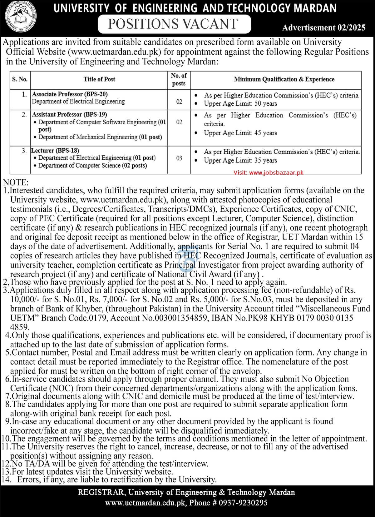 UNIVERSITY OF ENGINEERING & TECHNOLOGY MARDAN, FACULTY POSITIONS ADVERTISEMENT NO 02/2025