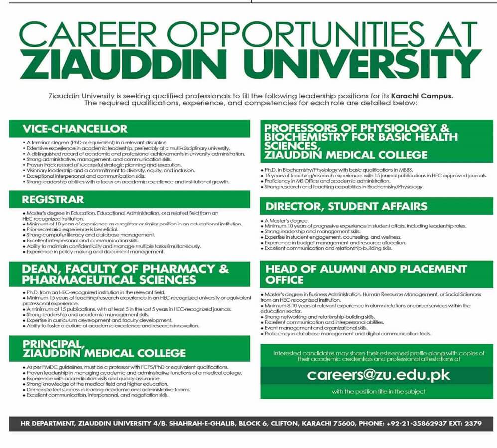 ZIAUDDIN UNIVERSITY KARACHI, VICE CHANCELLOR & ACADEMIC HEADS POSITIONS 03-2025