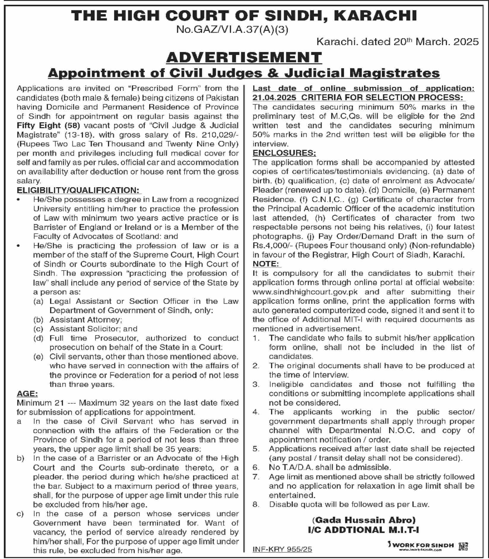THE HIGH COURT OF SINDH, APPOINTMENT OF CIVIL JUDGES & JUDICIAL MAGISTRATES ADVERTISEMENT 03-2025