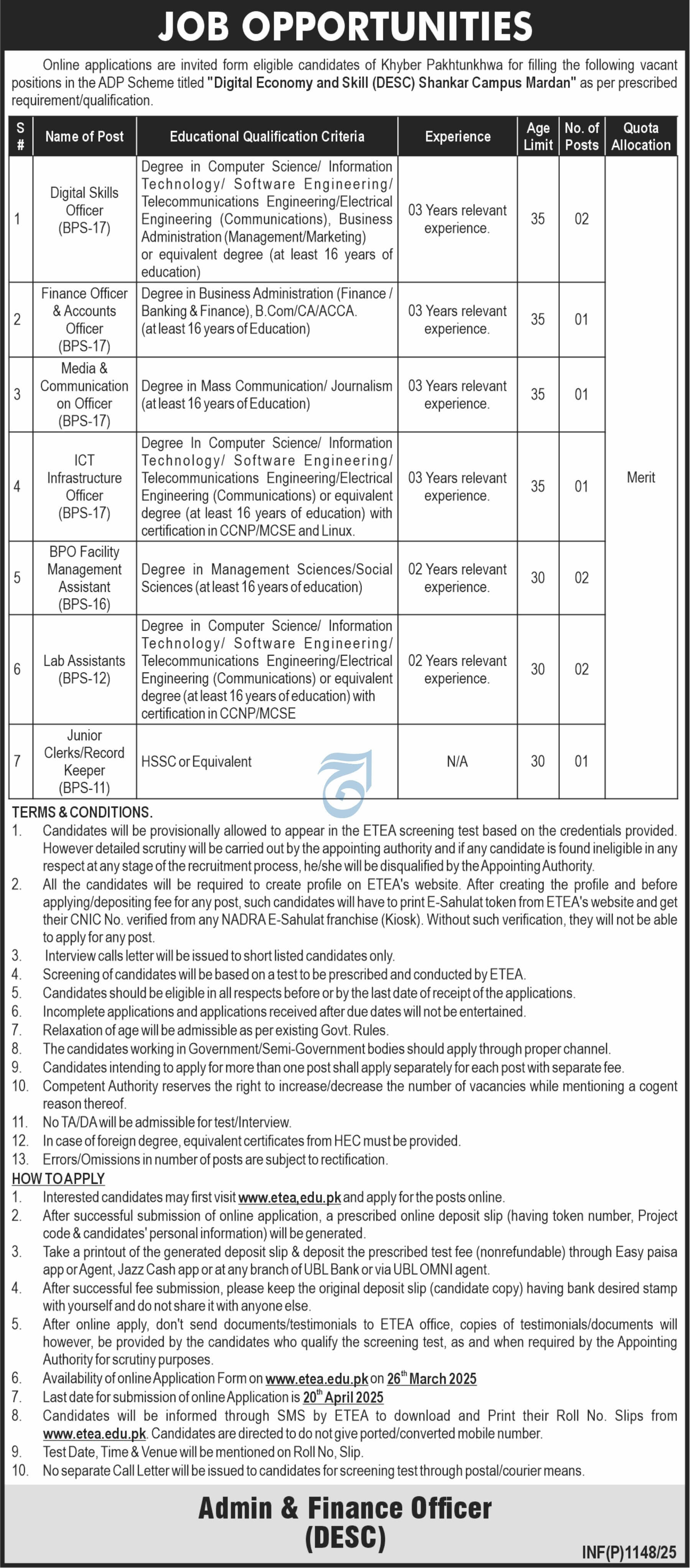 KP INFORMATION TECHNOLOGY BOARD | DIGITAL SKILLS & ECONOMY CENTER AT SHANKAR CAMPUS MARDAN, KPITB DESC PROJECT VACANCIES 03-2025