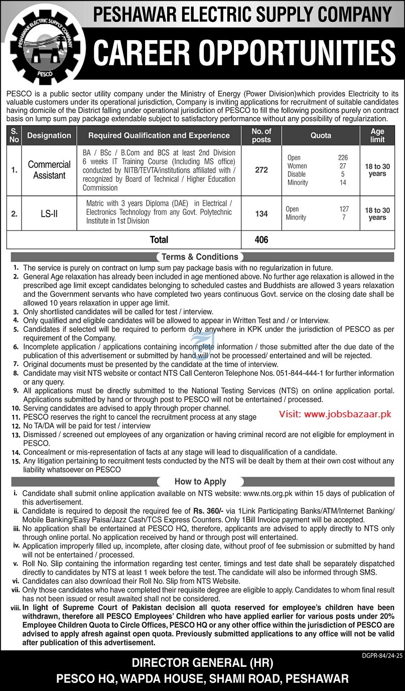 PESHAWAR ELECTRIC SUPPLY COMPANY | PESCO COMMERCIAL ASSISTANT & LS-II VACANCIES 03-2025