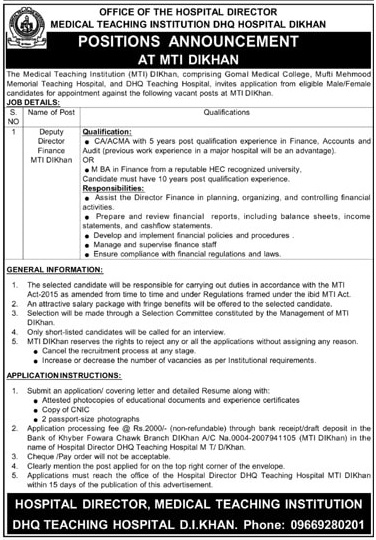 DHQ TEACHING HOSPITAL, DEPUTY DIRECTOR FINANCE MTI DIKHAN VACANCIES 03-2025