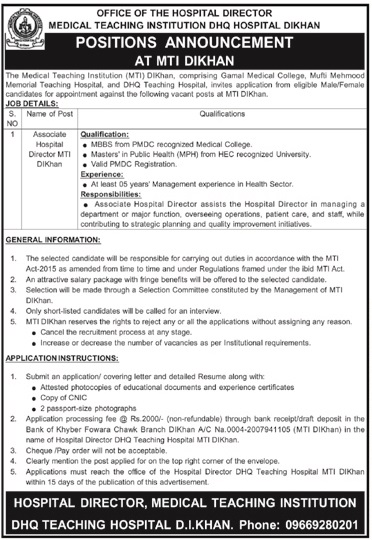 DHQ TEACHING HOSPITAL, ASSOCIATE HOSPITAL DIRECTOR MTI DIKHAN VACANCIES 03-2025