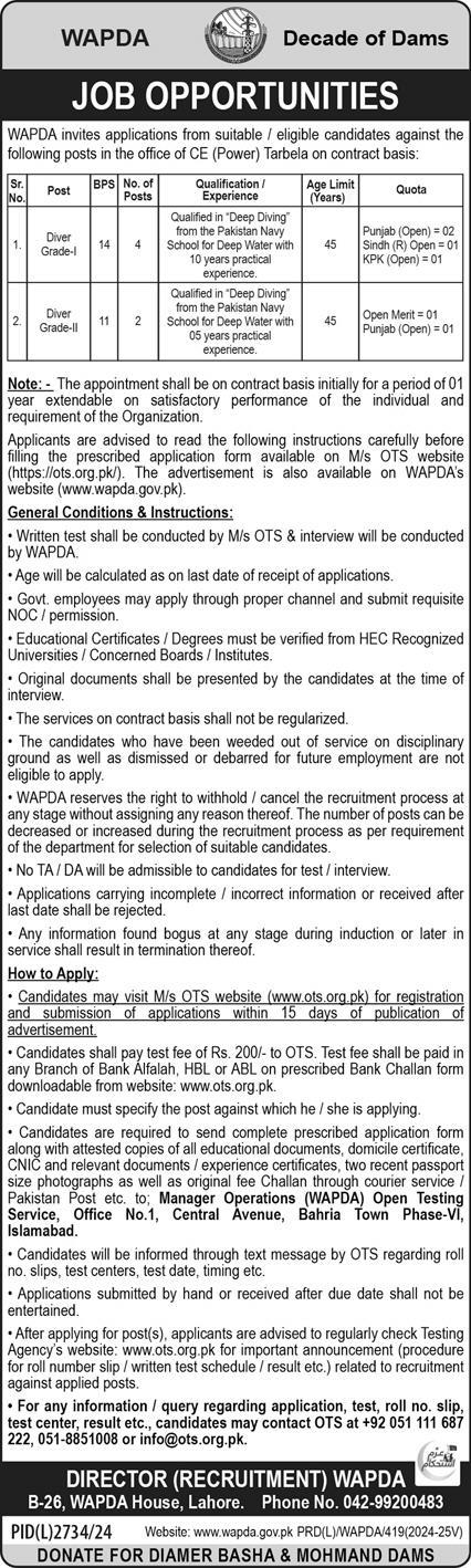 WATER & POWER DEVELOPMENT AUTHORITY | OFFICE OF CHIEF ENGINEER POWER TARBELA, WAPDA DRIVERS VACANCIES 04-2025