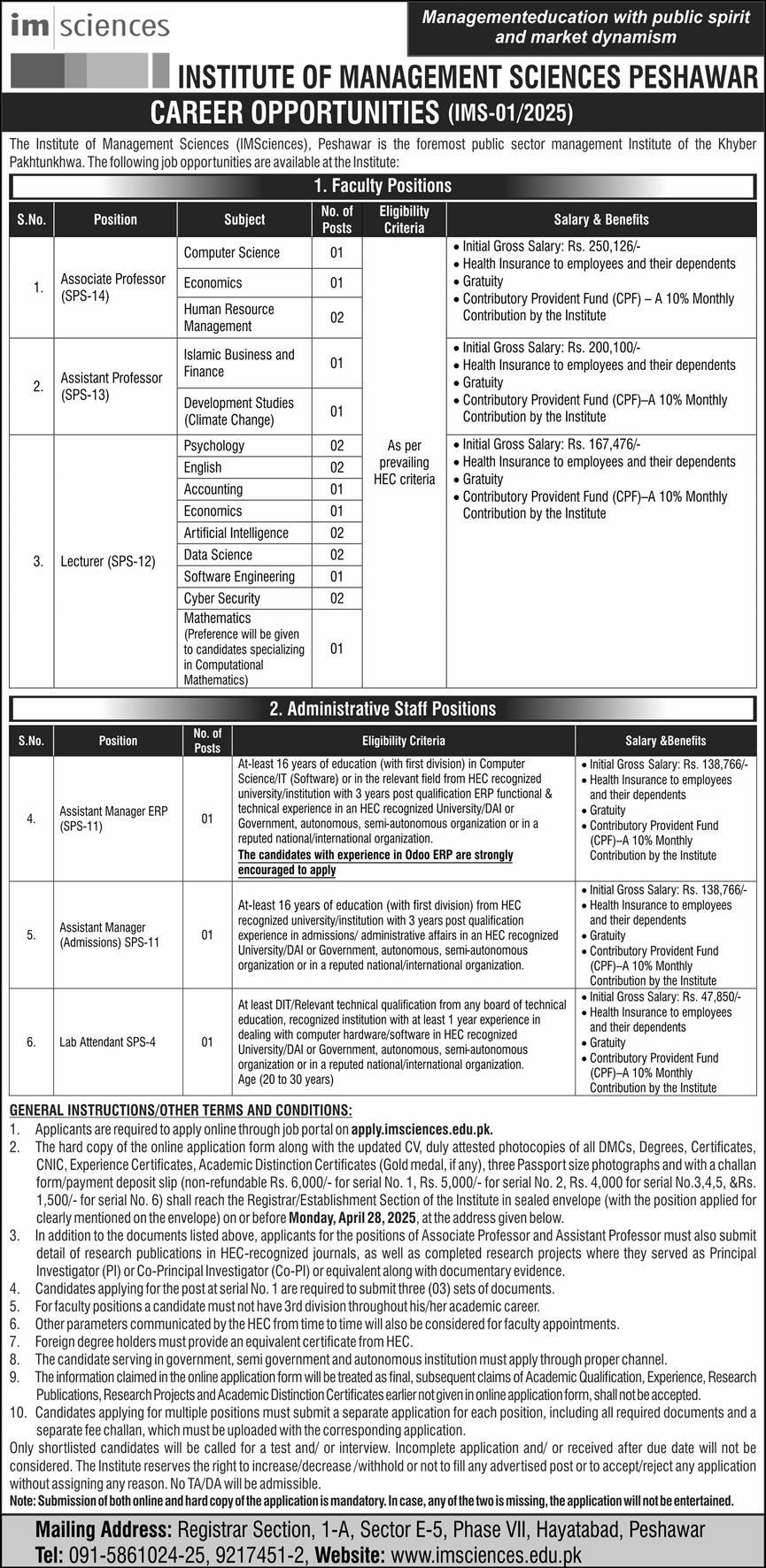 INSTITUTE OF MANAGEMENT SCIENCES | IMSCIENCES PESHAWAR, FACULTY & ADMINISTRATIVE STAFF POSITIONS IMS-01/2025