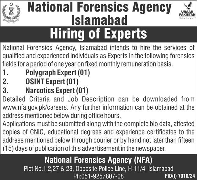 NATIONAL FORENSIC AGENCY, NFA HIRING OF EXPERTS 04-2025